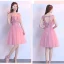 Chic / Beautiful Candy Pink Bridesmaid Dresses 2018 A-Line / Princess Appliques Lace Knee-Length Ruffle Backless Wedding Party Dresses