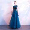 Chic / Beautiful Ocean Blue Prom Dresses 2018 A-Line / Princess Beading Crystal Scoop Neck Short Sleeve Ankle Length Formal Dresses