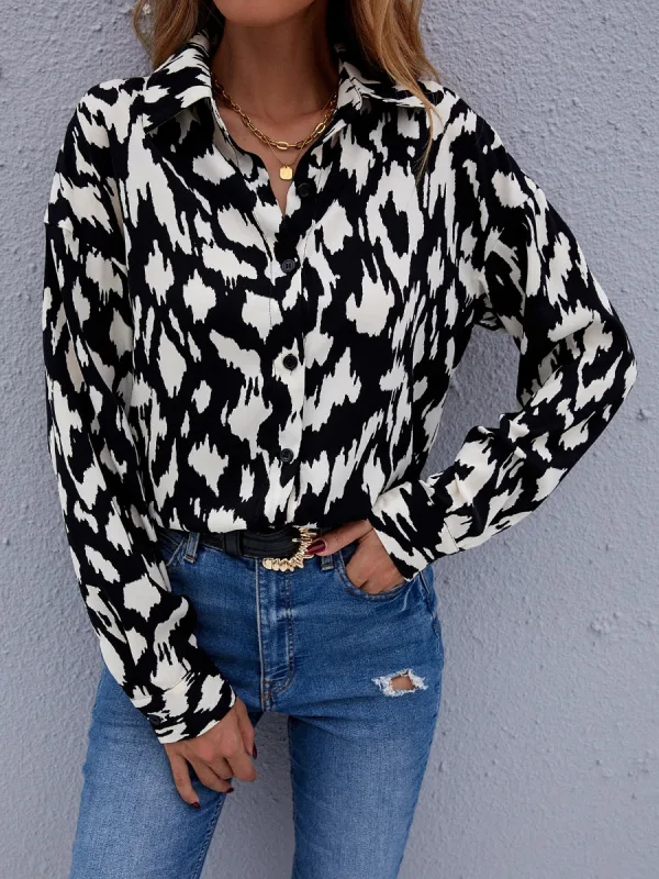 Fashion Summer Black Chiffon Casual Blouses 2021 Lapel Long Sleeve Spotted Loose Women's Tops