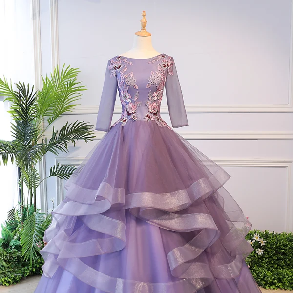 Elegant Lavender Quinceañera Prom Dresses 2018 Ball Gown Appliques Pearl Square Neckline Backless 3/4 Sleeve Cascading Ruffles Floor-Length / Long Formal Dresses