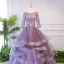 Elegant Lavender Quinceañera Prom Dresses 2018 Ball Gown Appliques Pearl Square Neckline Backless 3/4 Sleeve Cascading Ruffles Floor-Length / Long Formal Dresses
