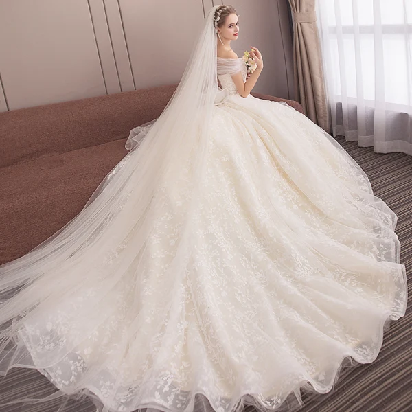 Elegant Champagne Wedding Dresses 2018 Ball Gown Lace Flower Off-The-Shoulder Backless Sleeveless Chapel Train Wedding