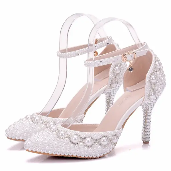 Modern / Fashion White Wedding Shoes 2018 Pearl Rhinestone Ankle Strap 9 cm Stiletto Heels Pointed Toe High Heels Wedding