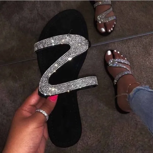 Scintillantes Abordable Bleu Roi Plage Pantoufle & Tongs 2020 Faux Diamant Peep Toes / Bout Ouvert Plate Chaussures Femmes