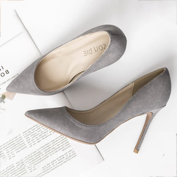 Simple Gris Bureau OL Daim Escarpins 2020 10 cm Talons Aiguilles À Bout Pointu Escarpins