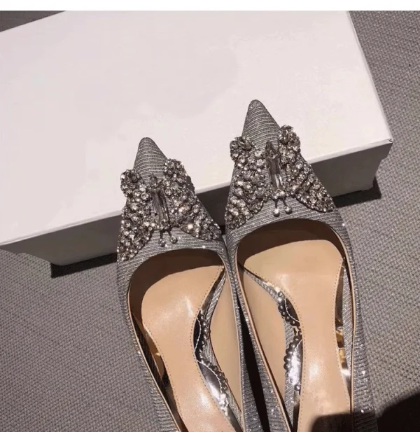 Charming Silver Glitter Wedding Shoes 2020 Leather Rhinestone Butterfly 8 cm Stiletto Heels Pointed Toe Wedding Pumps