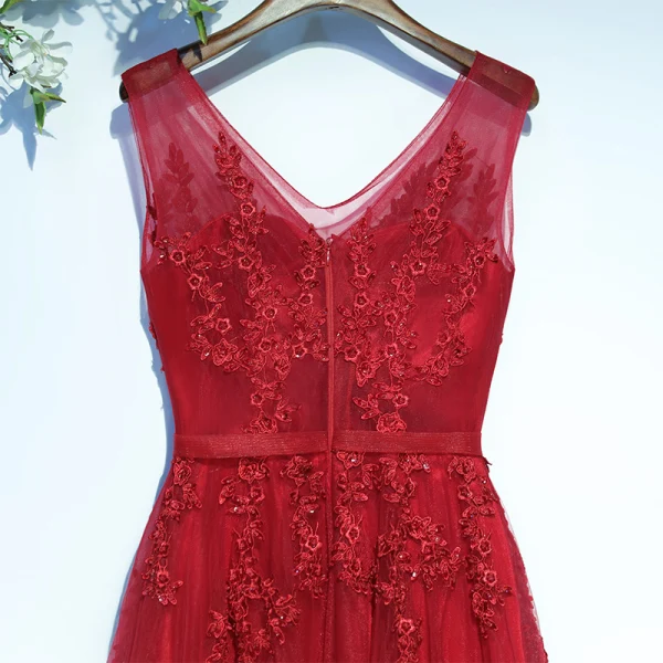 Chic / Beautiful Red Formal Dresses Evening Dresses  2017 Lace Flower V-Neck Sleeveless A-Line / Princess