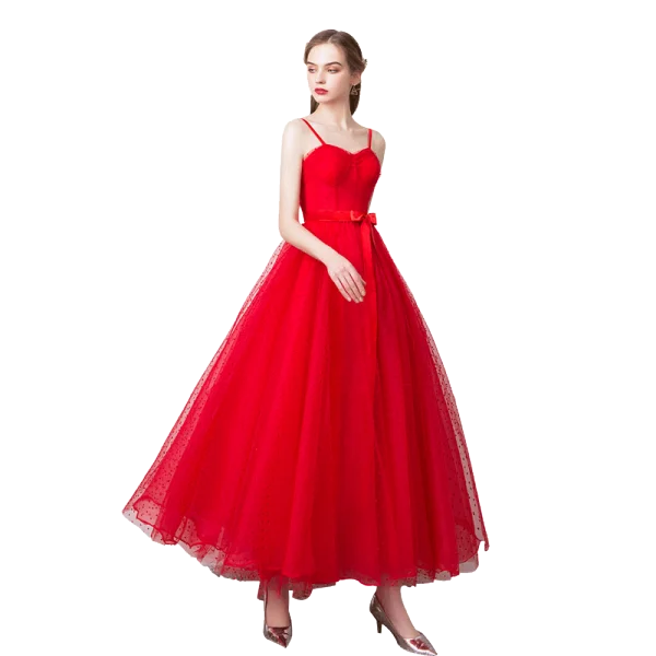 Simple Couleur Unie Rouge Robe De Soirée 2019 Princesse Bretelles Spaghetti Noeud Sans Manches Dos Nu Longueur Cheville Robe De Ceremonie