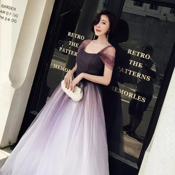 Chic / Belle Grape Dégradé De Couleur Robe De Bal 2018 Princesse Encolure Carrée Sans Manches Dos Nu Longue Robe De Ceremonie