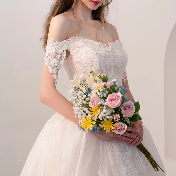 Luxury / Gorgeous Champagne Wedding Dresses 2018 A-Line / Princess Appliques Lace Beading Pearl Off-The-Shoulder Backless Short Sleeve Cathedral Train Wedding
