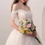 Luxury / Gorgeous Champagne Wedding Dresses 2018 A-Line / Princess Appliques Lace Beading Pearl Off-The-Shoulder Backless Short Sleeve Cathedral Train Wedding
