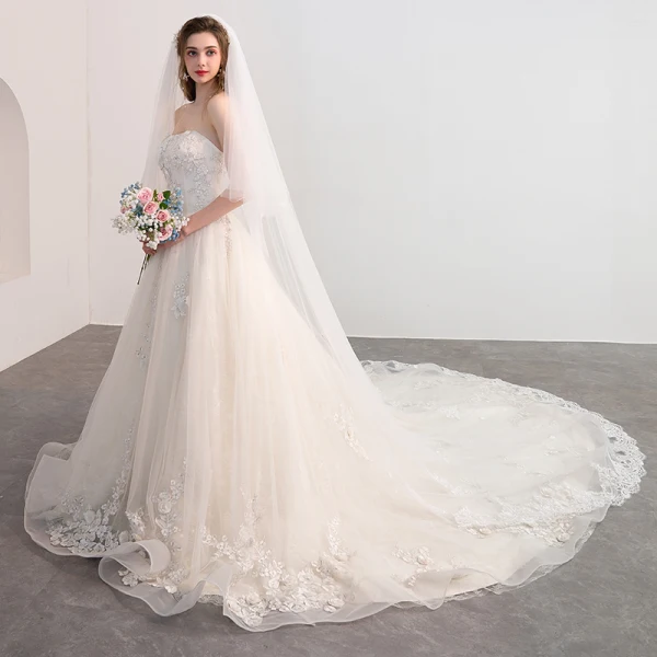 Chic / Beautiful Ivory Wedding Dresses 2018 A-Line / Princess Lace Flower Appliques Beading Crystal Strapless Backless Sleeveless Cathedral Train Wedding