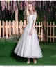 Modest / Simple Ivory Beach Wedding Dresses 2018 A-Line / Princess Sequins Ruffle Off-The-Shoulder Backless Short Sleeve Tea-length Wedding
