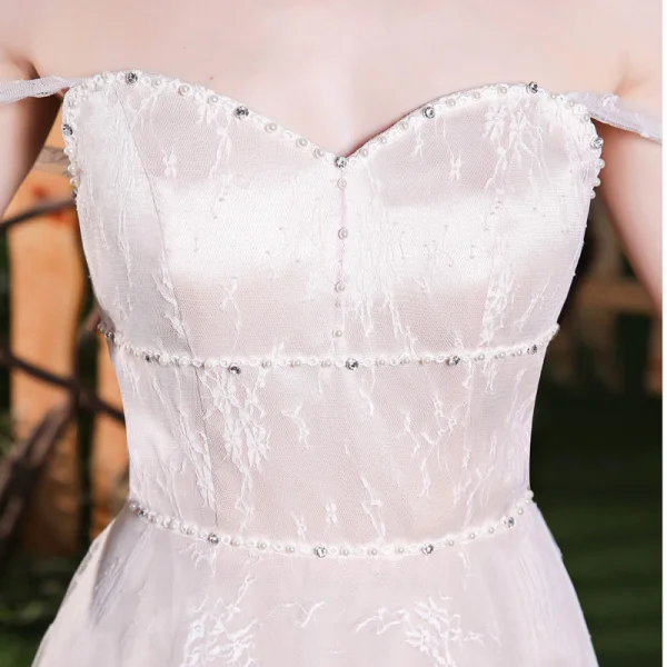 Charming Champagne Wedding Dresses 2018 A-Line / Princess Beading Lace Pearl Off-The-Shoulder Sleeveless Backless Sweep Train Wedding