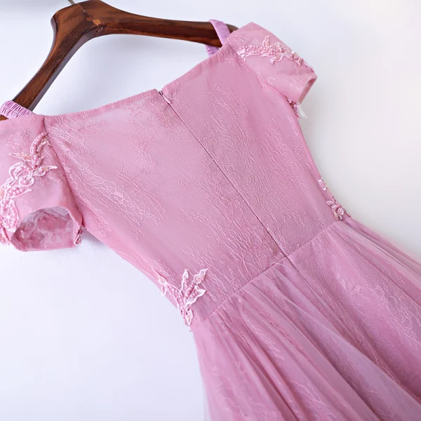 Chic / Beautiful Candy Pink Bridesmaid Dresses 2017 A-Line / Princess Lace Flower Beading Scoop Neck Short Sleeve Ankle Length Wedding Party Dresses