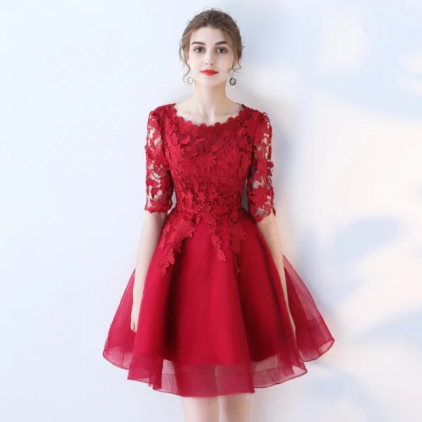 Chic / Beautiful Homecoming Graduation Dresses 2017 A-Line / Princess Lace Flower Scoop Neck 1/2 Sleeves Short Formal Dresses