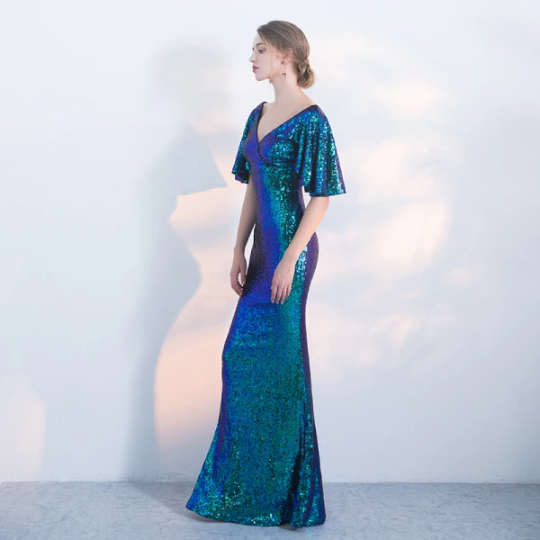 Chic / Belle Bleu D'encre Robe De Ceremonie 2017 Trompette / Sirène Paillettes V-Cou Dos Nu 1/2 Manches Longue Robe De Soirée