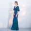 Chic / Belle Bleu D'encre Robe De Ceremonie 2017 Trompette / Sirène Paillettes V-Cou Dos Nu 1/2 Manches Longue Robe De Soirée