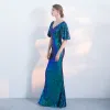 Chic / Beautiful Ink Blue Formal Dresses 2017 Trumpet / Mermaid Sequins V-Neck Backless 1/2 Sleeves Floor-Length / Long Evening Dresses