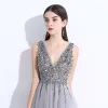 Chic / Beautiful Grey Evening Dresses  2017 A-Line / Princess Beading Sequins Split Front V-Neck Backless Sleeveless Sweep Train Formal Dresses