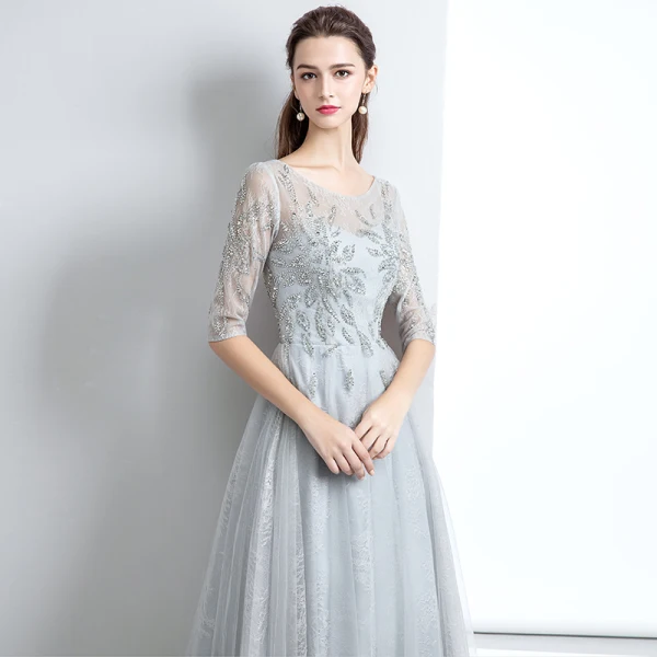 Chic / Beautiful Evening Dresses 2017 A-Line / Princess Lace Sequins Scoop Neck Backless 1/2 Sleeves Floor-Length / Long Evening Party