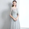 Chic / Beautiful Evening Dresses  2017 A-Line / Princess Lace Sequins Scoop Neck Backless 1/2 Sleeves Floor-Length / Long Evening Party
