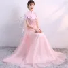 Chic / Beautiful Pearl Pink Chinese style Formal Dresses 2017 A-Line / Princess Lace Flower Pearl High Neck Short Sleeve Floor-Length / Long Evening Dresses