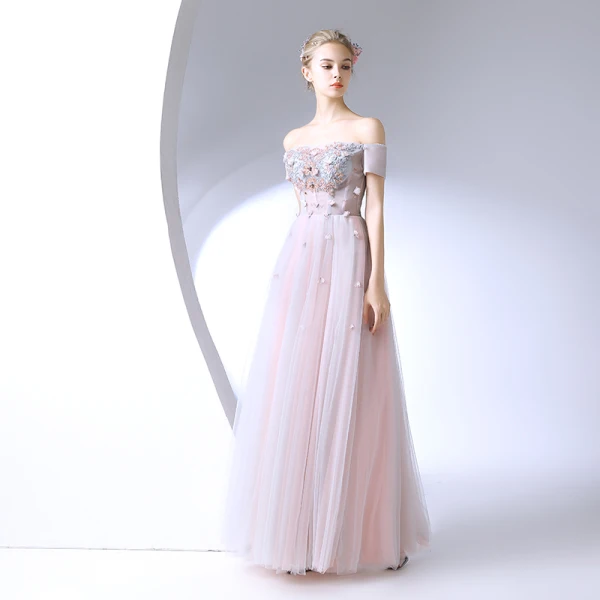 Chic / Belle Rougissant Rose Robe De Ceremonie 2017 Princesse En Dentelle Fleur Cristal De l'épaule Dos Nu Manches Courtes Longueur Cheville Robe De Bal