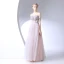 Chic / Belle Rougissant Rose Robe De Ceremonie 2017 Princesse En Dentelle Fleur Cristal De l'épaule Dos Nu Manches Courtes Longueur Cheville Robe De Bal
