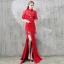 Chic / Beautiful Red Chinese style Formal Dresses 2017 Trumpet / Mermaid Lace Flower Strappy High Neck 1/2 Sleeves Floor-Length / Long Evening Dresses