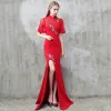 Chic / Beautiful Red Chinese style Formal Dresses 2017 Trumpet / Mermaid Lace Flower Strappy High Neck 1/2 Sleeves Floor-Length / Long Evening Dresses
