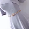 Elegant Silver Evening Dresses  2017 A-Line / Princess Metal Sash One-Shoulder Backless Short Sleeve Ankle Length Evening Party