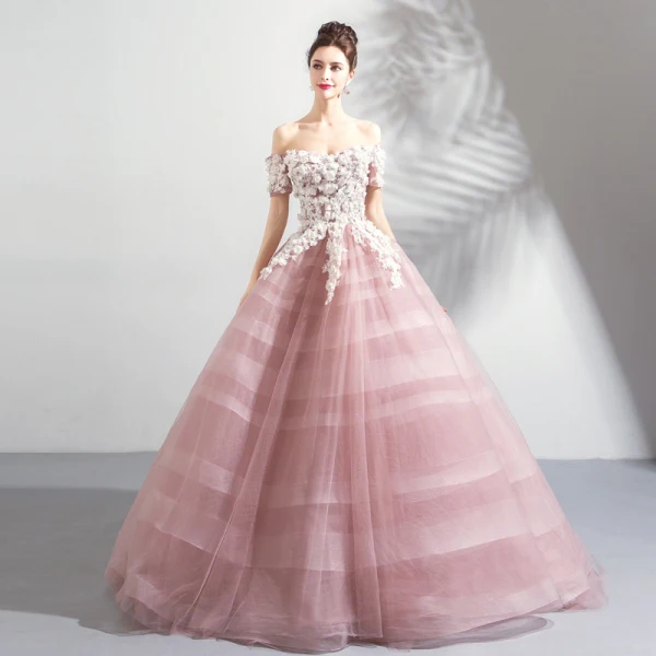 Elegant Blushing Pink Prom Dresses 2018 Ball Gown Lace Flower Appliques Pearl Sequins Off-The-Shoulder Backless Short Sleeve Floor-Length / Long Formal Dresses