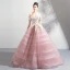 Elegant Blushing Pink Prom Dresses 2018 Ball Gown Lace Flower Appliques Pearl Sequins Off-The-Shoulder Backless Short Sleeve Floor-Length / Long Formal Dresses