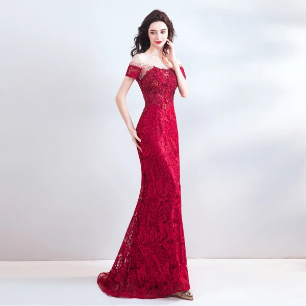 Luxury / Gorgeous Burgundy Evening Dresses 2018 Trumpet / Mermaid Beading Crystal Rhinestone Pearl Lace Flower Scoop Neck Backless Short Sleeve Floor-Length / Long Formal Dresses