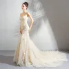 Affordable Champagne Wedding Dresses 2018 Trumpet / Mermaid Appliques Lace Flower Pearl Strapless Backless Sleeveless Court Train Wedding