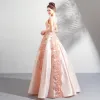 Modern / Fashion Pearl Pink Prom Dresses 2018 A-Line / Princess Lace Flower Appliques Pearl Scoop Neck Backless Sleeveless Floor-Length / Long Formal Dresses