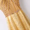 Chic / Beautiful Gold Evening Dresses  2017 A-Line / Princess Lace Beading Crystal Sequins Backless V-Neck Short Sleeve Ankle Length Formal Dresses