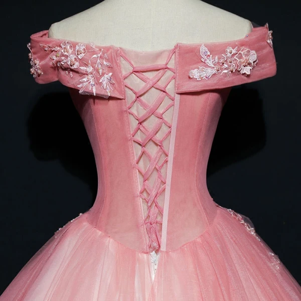 Chic / Belle Robe De Bal 2017 Robe Boule En Dentelle Fleur Perle Paillettes De l'épaule Dos Nu Manches Courtes Longue Robe De Ceremonie