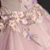 Chic / Beautiful Pearl Pink Prom Dresses 2017 Ball Gown Lace Flower Pearl Rhinestone Off-The-Shoulder Backless Short Sleeve Ankle Length Formal Dresses