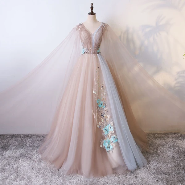 Chic / Beautiful Champagne Prom Dresses 2017 Ball Gown Lace Flower Pearl Artificial Flowers V-Neck Backless Short Sleeve Floor-Length / Long Formal Dresses