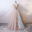 Chic / Beautiful Champagne Prom Dresses 2017 Ball Gown Lace Flower Pearl Artificial Flowers V-Neck Backless Short Sleeve Floor-Length / Long Formal Dresses