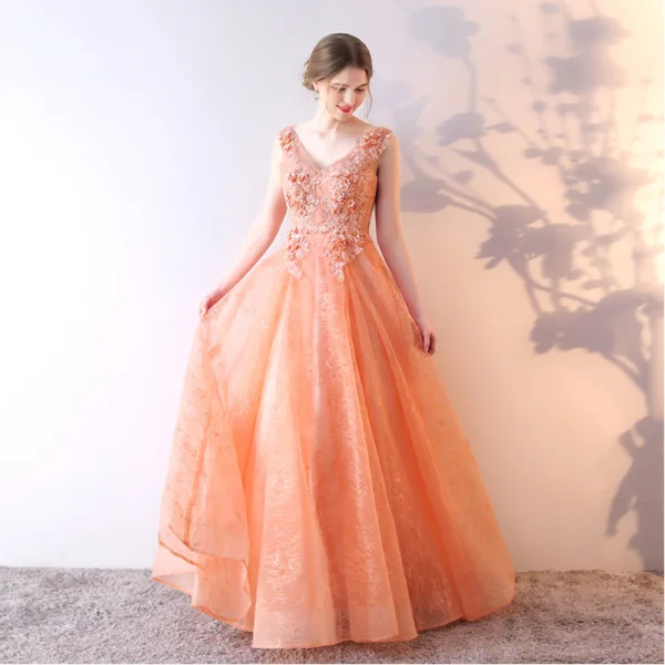 Chic / Beautiful Orange Evening Dresses 2017 A-Line / Princess Lace Flower Sequins V-Neck Backless Sleeveless Floor-Length / Long Formal Dresses