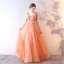 Chic / Beautiful Orange Evening Dresses  2017 A-Line / Princess Lace Flower Sequins V-Neck Backless Sleeveless Floor-Length / Long Formal Dresses