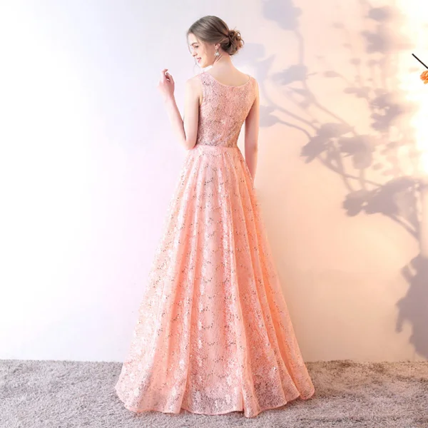 Chic / Beautiful Evening Dresses 2017 A-Line / Princess Lace Sequins Scoop Neck Sleeveless Floor-Length / Long Formal Dresses