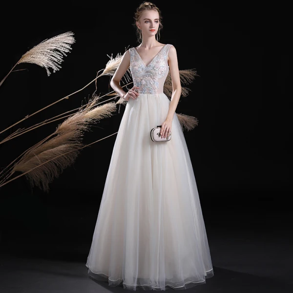 Chic / Belle Ivoire Robe De Soirée 2017 Princesse En Dentelle Fleur Perle Paillettes V-Cou Dos Nu Sans Manches Longueur Cheville Robe De Ceremonie