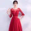 Chic / Beautiful Burgundy Evening Dresses  2017 A-Line / Princess Lace Flower Backless Scoop Neck Long Sleeve Floor-Length / Long Formal Dresses