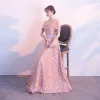 Chic / Beautiful Pearl Pink Evening Dresses  2017 A-Line / Princess Lace Metal Sash V-Neck Backless Short Sleeve Ankle Length Formal Dresses