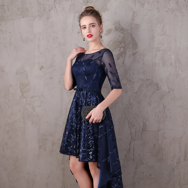 Chic / Beautiful Navy Blue Asymmetrical Evening Dresses  2017 A-Line / Princess Lace Sequins Bow Scoop Neck 1/2 Sleeves Formal Dresses