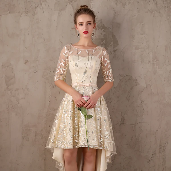 Chic / Belle Champagne Asymétrique Robe De Soirée 2017 Princesse En Dentelle Paillettes Noeud Encolure Dégagée 1/2 Manches Robe De Ceremonie